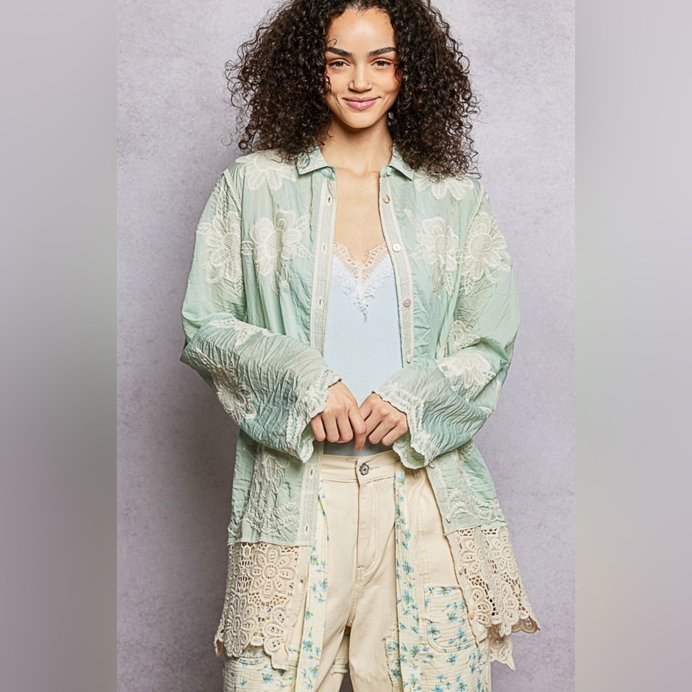 POL Mint Green Lace Detail Top